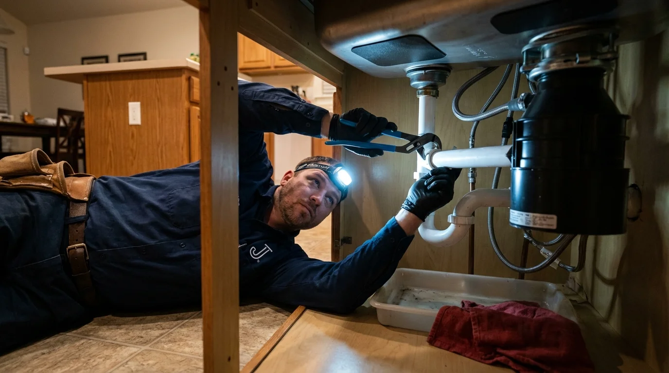 P-trap and supply line connections under a kitchen sink showing a common leak point in Manistee, MI